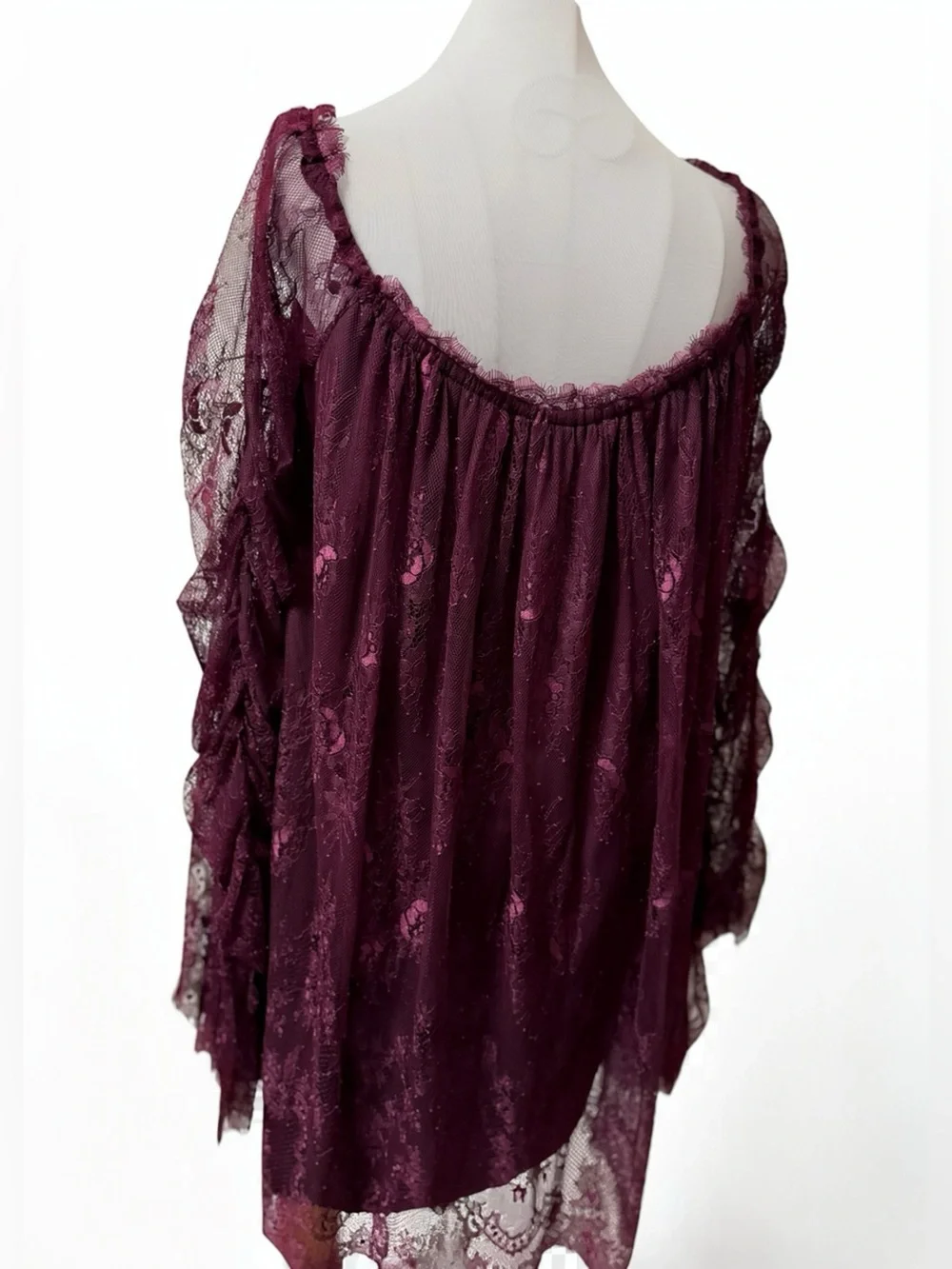 Free People Purple Lace Off The Shoulder Tunic Dress Ruched Cape Sleeve NWOT S